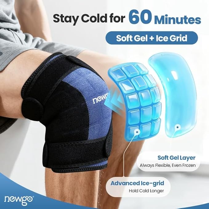 NEWGO 360° Knee Ice Pack Wrap, 60 Minutes Extended Cold Therapy with Ice Grid Gel, Ergonomic Y-Shape Snug Fit for Sports & Surgery Recovery, Swelling, Leak-Resistant, Reusable Design - 2 Pack