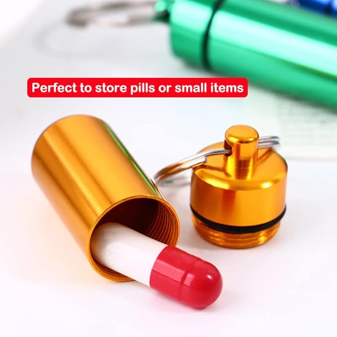 AKOAK 2 Pcs Colorful Round Aluminum Alloy Pill Bottle, Emergency Jar, Waterproof Outdoor Travel Portable Pill Bottle Key Chain (Gold)