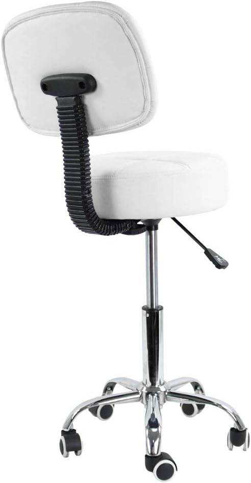 Round Rolling Stool with Back PU Leather Height Adjustable Swivel Drafting Work SPA Medical Salon Stools Chair with Wheels (White)