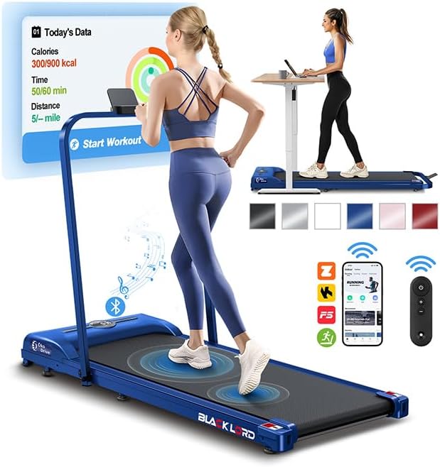 BLACK LORD Walking Pad with Handle Bar, 2.7 HP Quiet Foldable Under Desk Treadmill with Bluetooth Speaker, Portable Running Treadmills for Home, LED Display, App/Remote Control, 330 lbs Capacity