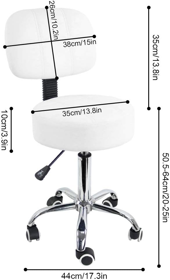 Round Rolling Stool with Back PU Leather Height Adjustable Swivel Drafting Work SPA Medical Salon Stools Chair with Wheels (White)