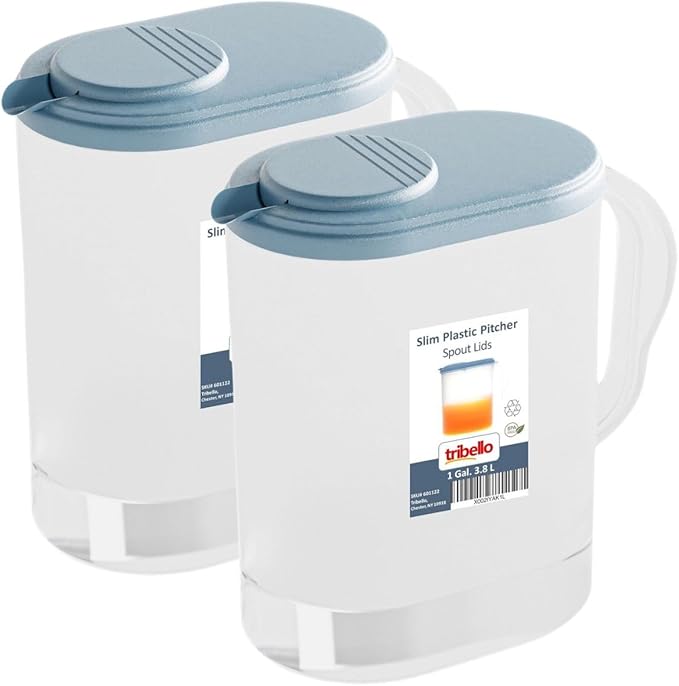 Tribello Pitcher with Lid 1 Gallon, Slim Clear Plastic Water Jug with Pivot-top Spout Lids, Iced Tea Pitcher for Fridge, Freezer/Dishwasher Safe, and BPA/Phthalate Free - Bulk (2 Pack)