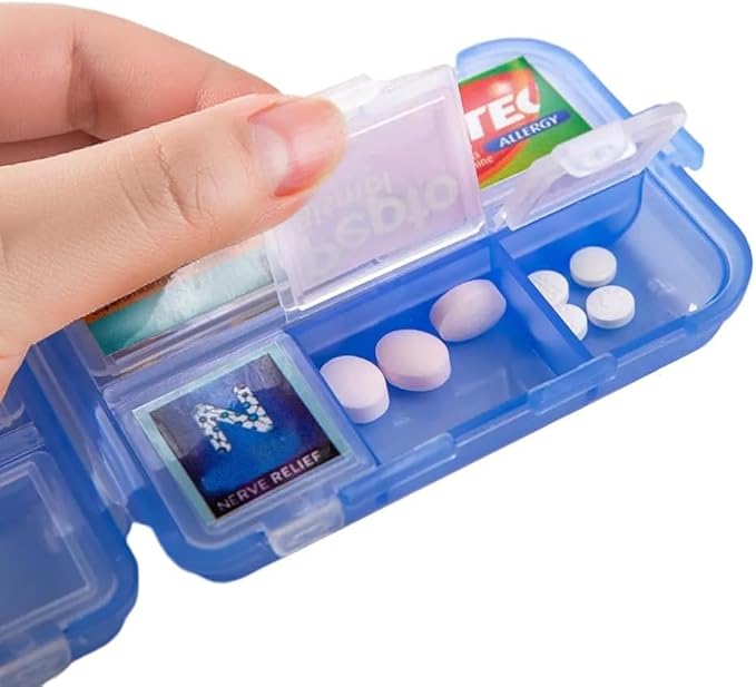 Large Pill Organizer with Medicine Labels - 7 Day Travel Daily Container, Mini Medication Storage Case (Blue, 161 Labels)