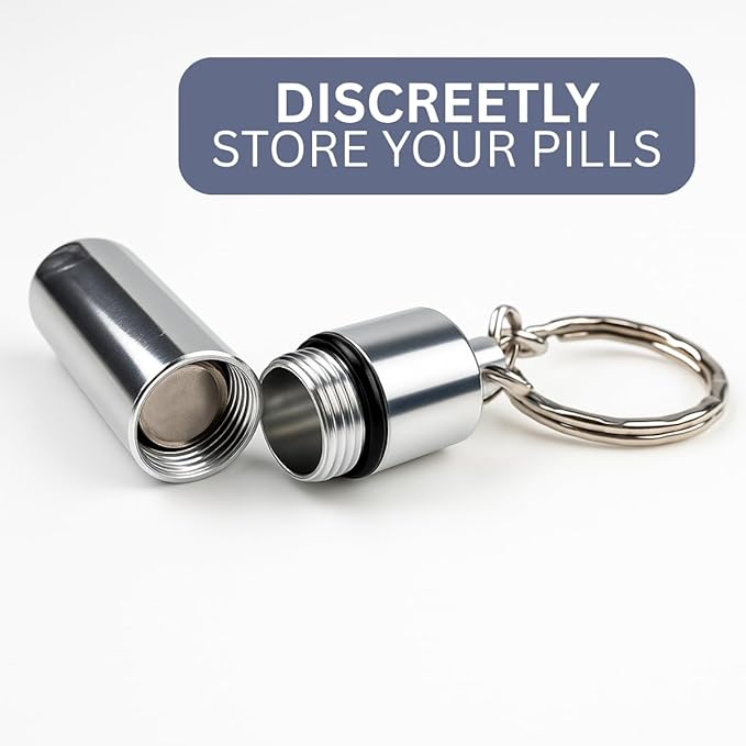 BIN BUDDY 2" (5.1 cm) Metal Pill Holder | Key Ring & Inner Vial | Dual Storage | Moisture Resistant | Ideal for Emergency Medication & Information