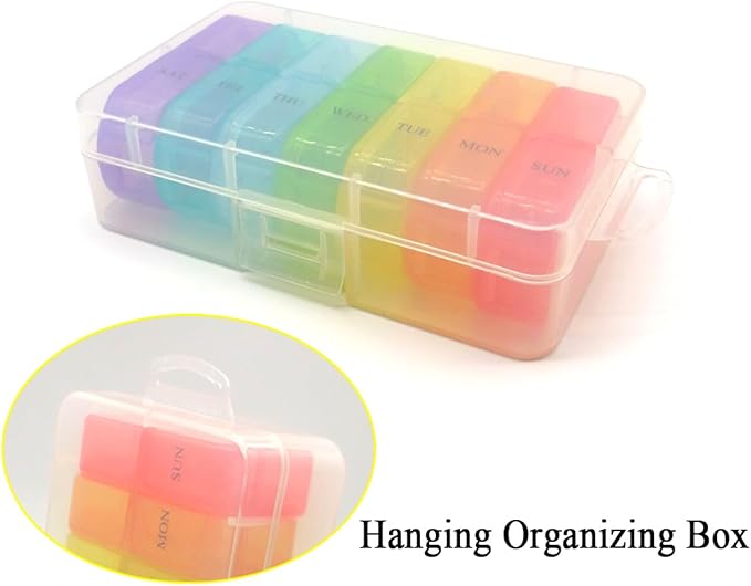 Travel Pill Organizer 7-Day for Purse Pocket, Daily Medicine Case Box with 14 Compartment Weekly Meds Container Reminder Planner AM PM Hold Medicine, Vitamin, Supplement, Fish Oil, Colorful