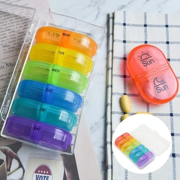 Portable Pill Organizer for Travel, 7-Day Pill Case with 14 Compartments, Pill Holder for Vitamins & Medication, Leak-Proof & Compact Design (White Shell with Color Grid, 2PCS)