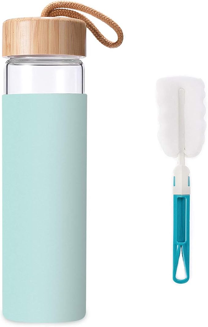 20 Oz Borosilicate Glass Water Bottles with Silicone Sleeve BPA Free, Dishwasher Safe - Reusable Clear Glass Drinking with Leak Proof Bamboo Lid | Perfect Gym Water Bottles for Men & Women