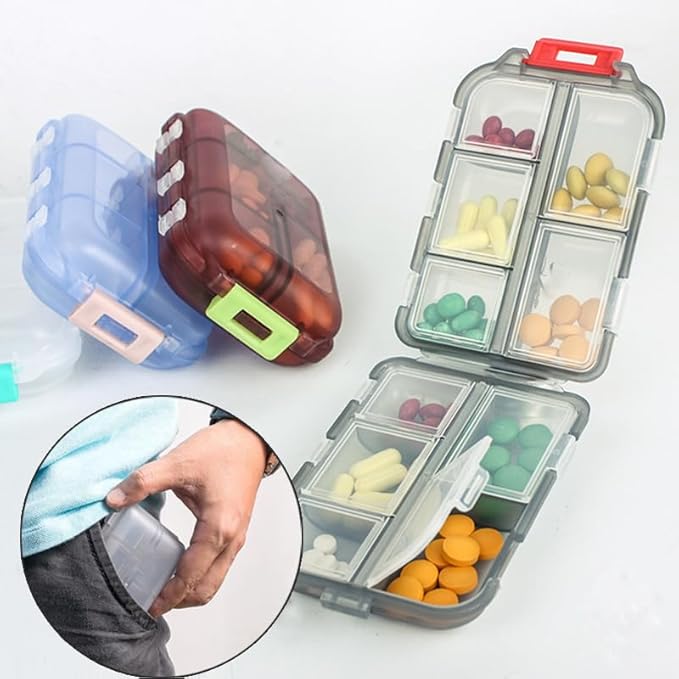 Weekly Travel Pill Organizer Box, 10 Compartments Small Fold Medicine Case Holder, Daily AM PM Morning Night Pocket Travel Capsule Dispenser for Vitamin, Fish Oil, Supplement, Tablet, Grey