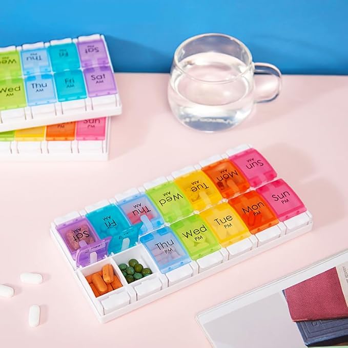 Push Button 7-Day Pill Case, Daily Medicine Planner, Travel Vitamin Organizer, Twice a Day AM PM 14 Compartments Pill Box Reminder for Fish Oil, Supplement, Arthritis Friendly, Colorful Lids