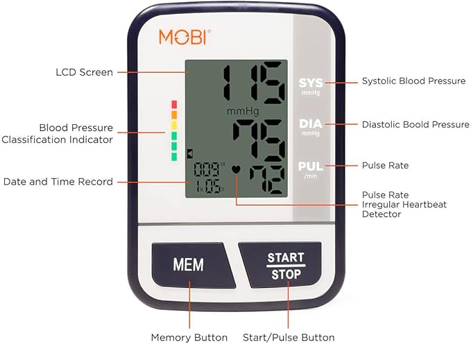 MOBI Blood Pressure Monitor Digital Upper Arm Blood Pressure Machine for Indoor/Outdoor Use with 120 Reading Memory Quick & Easy BP Machine Adjustable Arm Cuff 8.6"- 14.2" Large LCD Display
