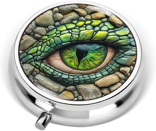 Portable Round 3 Compartment Metal Pill Box Eye of The Jade Dragon Print for Home Office Travel Medication Organization