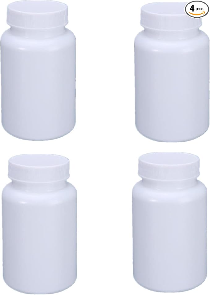 4PCS Empty Medicine Pill Bottle White Plastic Vials with Screw Cap Liquid Solid Powder Capsules Case Pill Tablet Holder Box Storage Container Reagent Bottle Travel Jar Pot (200ML)