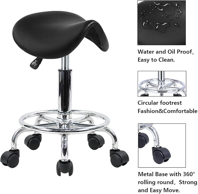 KKTONER Saddle Stool with Foot Rest PU Leather Swivel Adjustable Rolling Stool with Wheels Facial Salon Chair (Black)