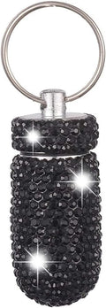 XhuangTech Waterproof Keychain Pill Box Bling Round Medicine Organizer Holder Container Aluminum Portable Mini Bottle Storage Case for Outdoor Travel Camping Purse Pocket (Black)