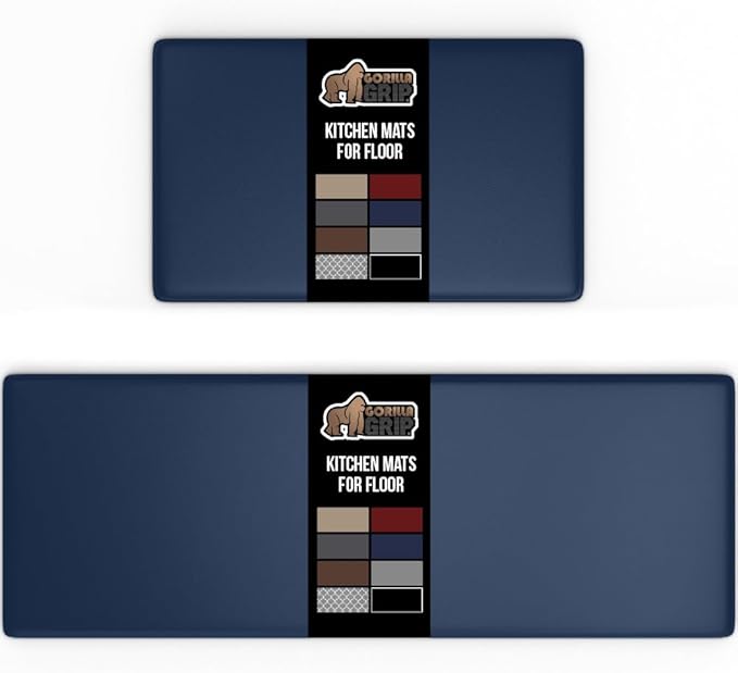 GORILLA GRIP 2 Pack Comfortable Cushioned Kitchen Mats for Floor, 17x24 + 17x48, Waterproof and Stain Resistant, 1/2 Inch Thick Soft Ergonomic Standing Desk Anti Fatigue Mat, Foam Supports Feet, Navy