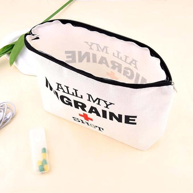 Migraine Medicine Bag for Travel Headache Meds Bag Gifts for Migraine Sufferers Headache Pouch Cosmetic Bags with Zipper Medical Bags for Patients Funny Pouch Pill Organizer Canvas Medication Pouches
