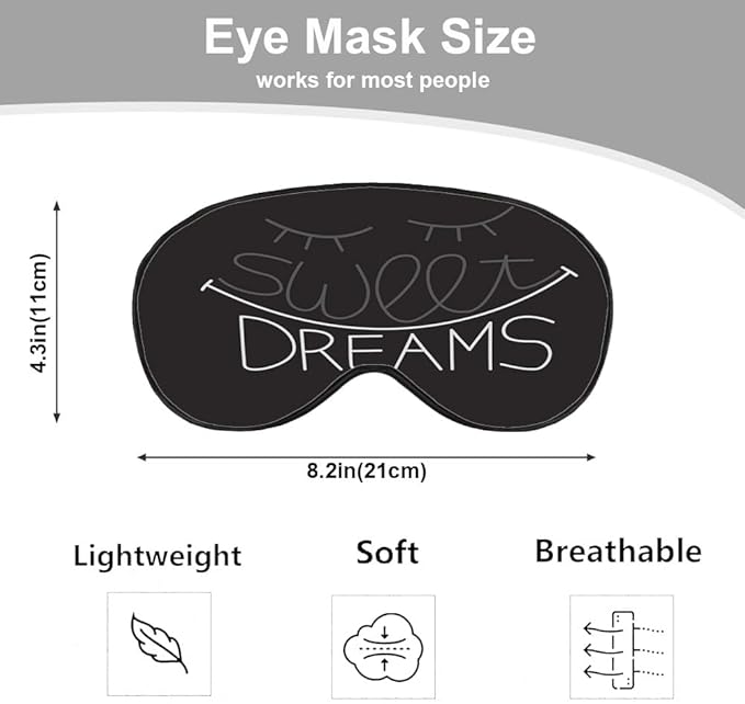 Sweet Dreams Sleep Eye Mask Eye Cover Grayscale Lettering Closed Eyes Dark Black Silk Eye Mask for Sleeping with Adjustable Strap for Travel Nap Shift Work Office