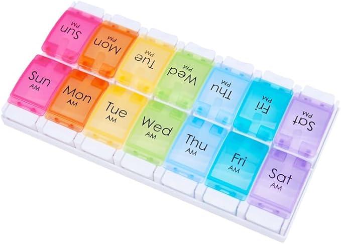 Push Button 7-Day Pill Case, Daily Medicine Planner, Travel Vitamin Organizer, Twice a Day AM PM 14 Compartments Pill Box Reminder for Fish Oil, Supplement, Arthritis Friendly, Colorful Lids
