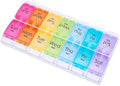 Push Button 7-Day Pill Case, Daily Medicine Planner, Travel Vitamin Organizer, Twice a Day AM PM 14 Compartments Pill Box Reminder for Fish Oil, Supplement, Arthritis Friendly, Colorful Lids