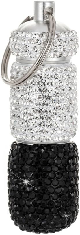 Bling Pill Case Portable Travel Pill Container Bottle Rhinestone Waterproof Small Pill Holder with Keychain Cute Mini Pill Storage Box (White Black)
