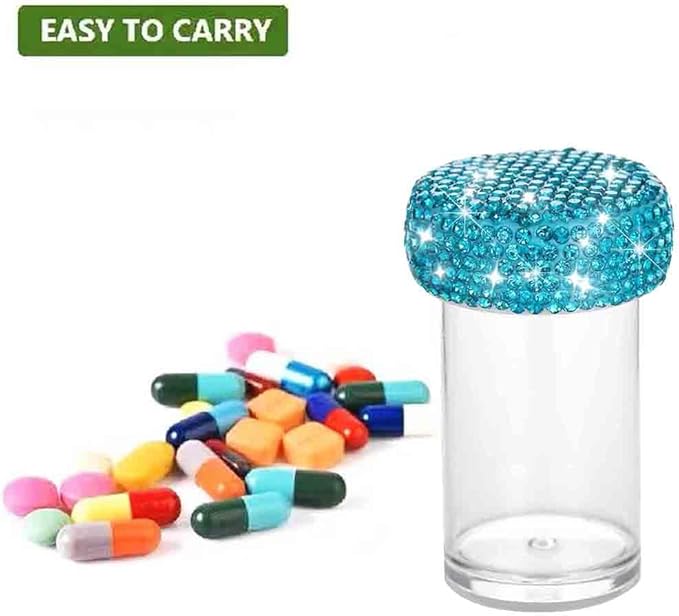 Bling Diamond Portable Waterproof Pill Case Medicine Dispenser Bottle Storage for Outdoor Camping Travel (Blue)