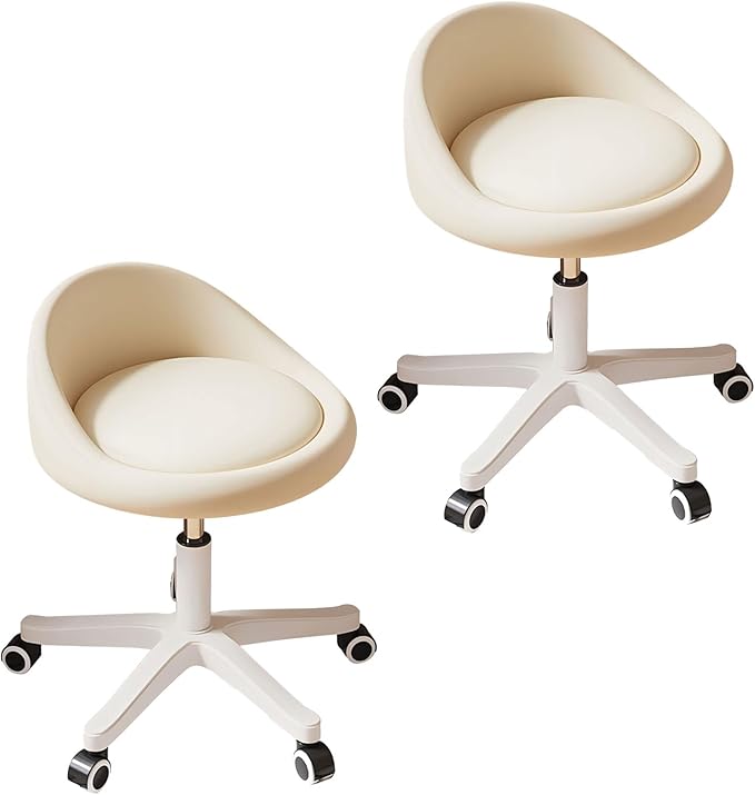 Rolling Stool Chair with Backrest, Round PU Leather Adjustable Height Hydraulic Swivel Rolling Stool for Spa Salon Tattoo Massage Doctor Dental Medical Office Beige Set of 2