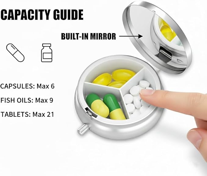 Stay Positive Pill Box 3 Compartment Small Pill Case,Portable for Pocket or Purse Pill Organizer Pill Container Holder with Mirror to Hold Vitamins, Medication, Fish Oil and Supplements