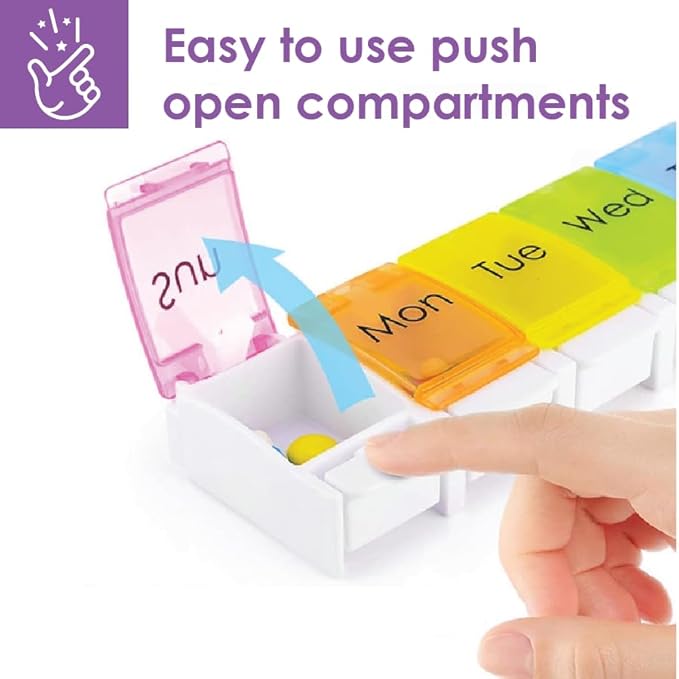 Weekly Pill Organizer Arthritis Friendly Pill Box 7 Day with Easy Push Buttons BPA Free Perfect for Travel with Medicine for Fish Oil Pill and Vitamin Supplements