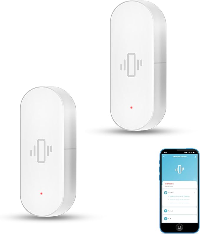 Smart Vibration Sensor: Wireless Glass Break Detector, WiFi Door Sensor with App Alerts, Adjustable Sensitivity, Glass Break Security Sensor for Alarm System and Smart Home Automation (2-Pack)