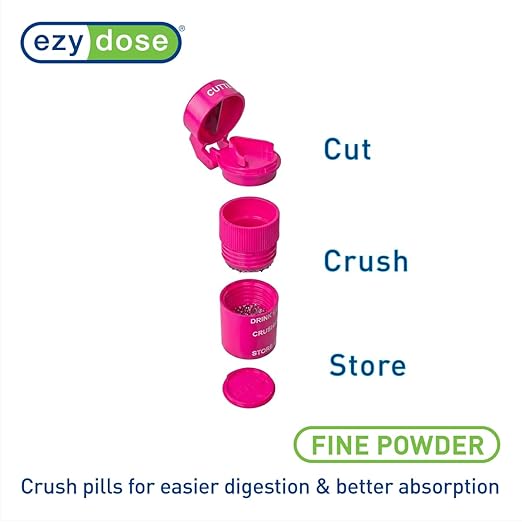 EZY DOSE 3 Compartment Pill Crusher, Cutter and Grinder, Daily Usage, Safely Cut Pills, Vitamins, Tablets, Accurate and Easy Cutting, Stainless Steel Blade, Removable Drinking Cup, Pink, BPA Free