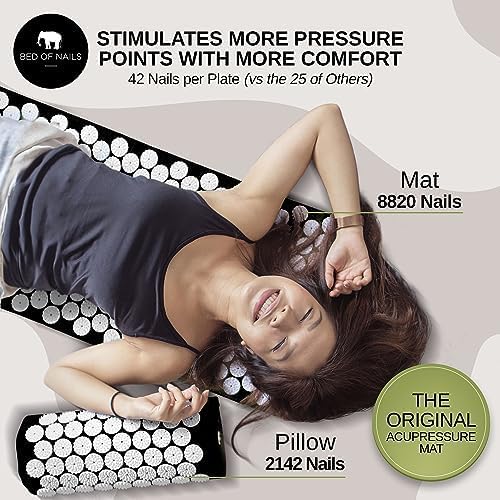 Bed of Nails Mat and Pillow Set – Original Bon Acupressure Design with 10962 Precision Nails, Mat: 28.5 x 16.5 x 1", Pillow: 14.5 x 6 x 4", Jet Black