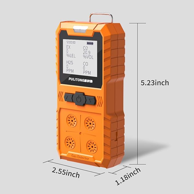 Portable 4 Gas Monitor Multi Gas Detector，Portable Gas Detector Rechargeable 4 Gas Monitor Ex H2s Co O2 with LCD Display Sound Light Shock confined Space air Monitor (Orange)