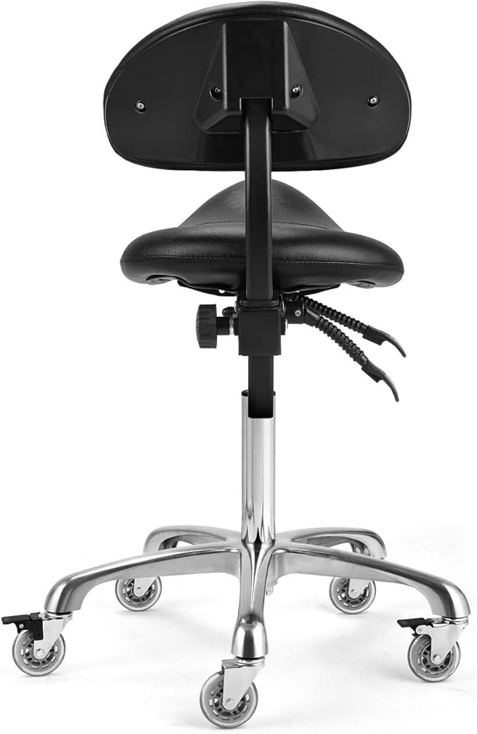 Saddle Stool Chair With Back Support - Ergonomic Rolling Saddle Stools with Wheels Heavy Duty Hydraulic Swivel Adjustable Stool Esthetician Chair for Massage Hair stylist Salon Tattoo office (Black)