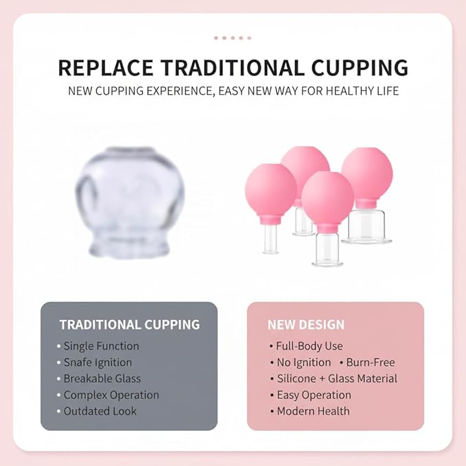 Professional Glass Facial Cupping Set & Therapy Kit – 4 PCS Silicone Vacuum Suction Cups for Face and Body, Anti-Wrinkle, Lifting, Muscle Pain Relief, Complete Cupping Massage Set for Home Use