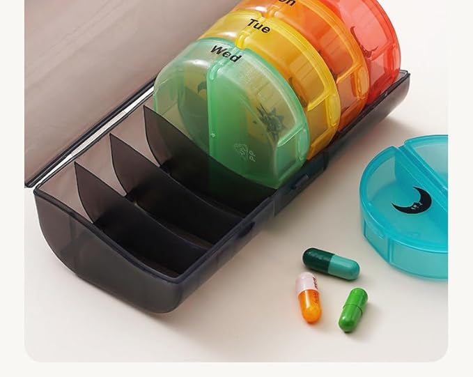 Weekly Pill Case Organizer, Twice a Day, Travel AM PM Vitamin Reminder, Colorful 14 Compartments with Box, Portable Daily Medicine Dispenser Planner for Supplement, Fish Oil, Capsule