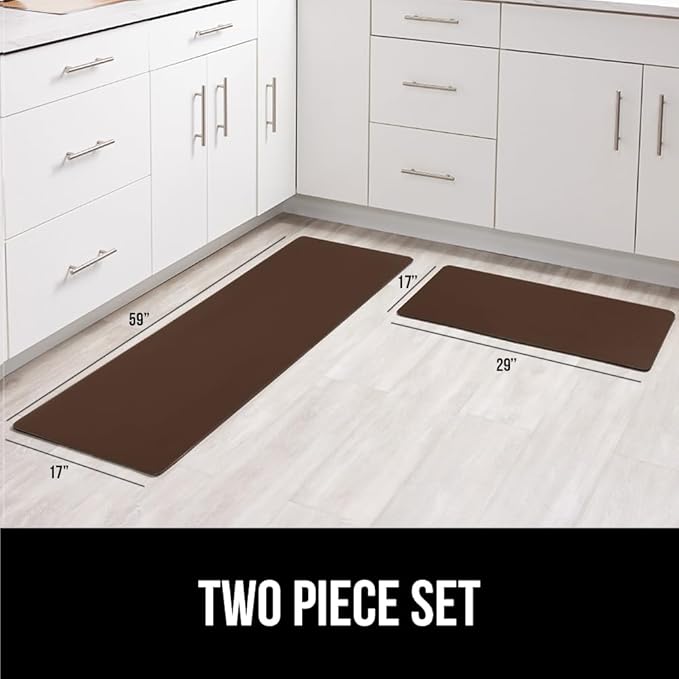 GORILLA GRIP 2 Pack Comfortable Cushioned Kitchen Mats for Floor, 17x29 + 17x59, Waterproof and Stain Resistant, 1/2 Inch Thick Soft Ergonomic Standing Desk Anti Fatigue Mat, Foam Supports Feet, Brown
