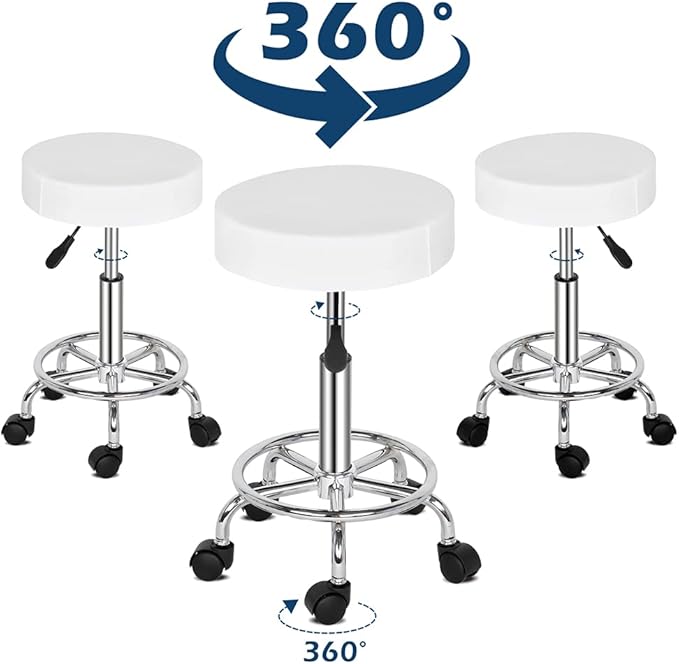 Round Rolling Bar Stool PU Leather with Wheels and Foot Rest, Height Adjustable Task Work Drafting Chair with Back for Salon Spa Tattoo Facial Medical Office Chairs (White1)
