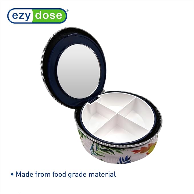 EZY DOSE Travel Pill Organizer with Built-in Mirror, Features Zippered Leaf Case, Compact and Portable Medication Case for Daily Vitamins, Pills, and Medicine, Ideal for Travel and On-The-Go Use