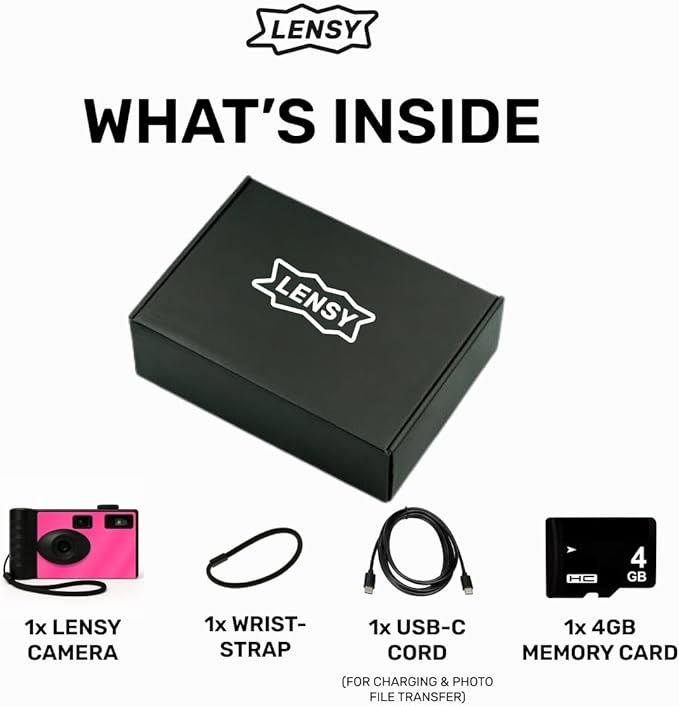 LENSY Screen Free Digital Camera | Four Built in Filters | Rechargeable, 8mp, Lightweight, Focus-Free, Auto-Flash, Easy-to-Use, Reusable, Retro Film-Style Photos (Pink)