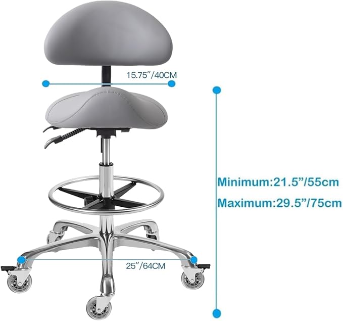 Saddle Stool Chair with Backrest and Footrest- Ergonomic Rolling Saddle Stools Hydraulic Swivel Adjustable Stool Esthetician Chair for Massage Beauty Salon Tattoo Dentist Clinic Home Office (Grey)