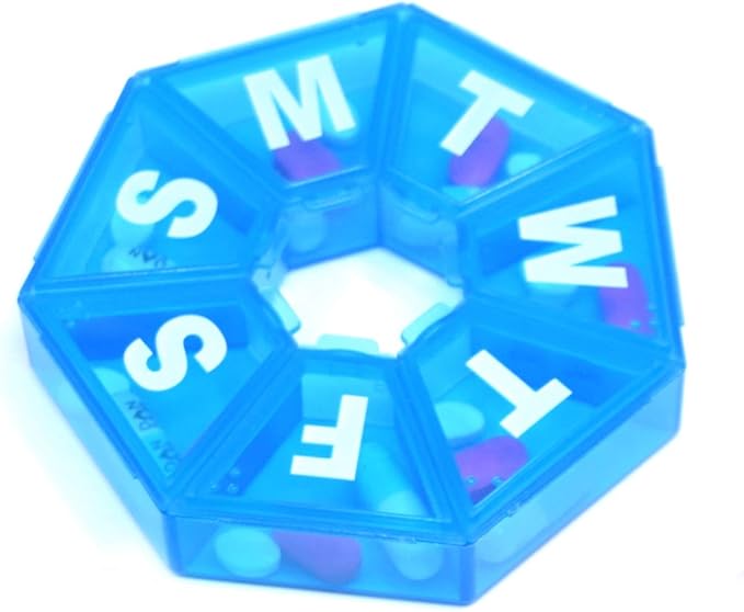 Weekly 7-Sided Pill Planner with Medical Alert Wallet Card, Great for Travel - (Blue)