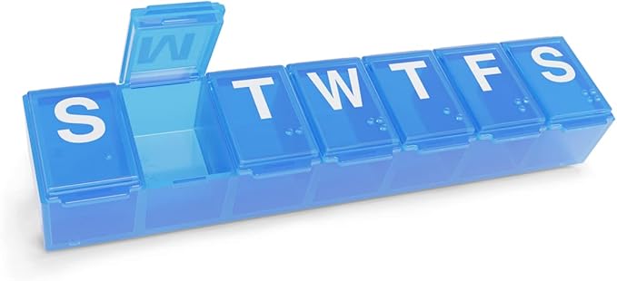 Ezy Dose 7-Day AM/PM and Weekly Pill Organizers with Push Buttons, Rounded Bottoms, Translucent Lids, Blue and Purple