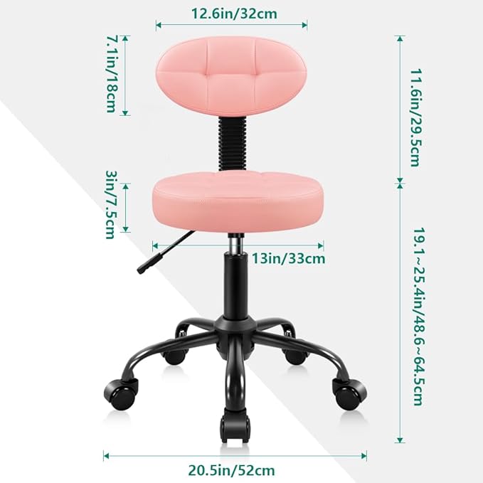 Round Stool with Back for Work SPA Shop Home Massage Height Adjustable Swivel Stool Chair with Wheels (Pink)