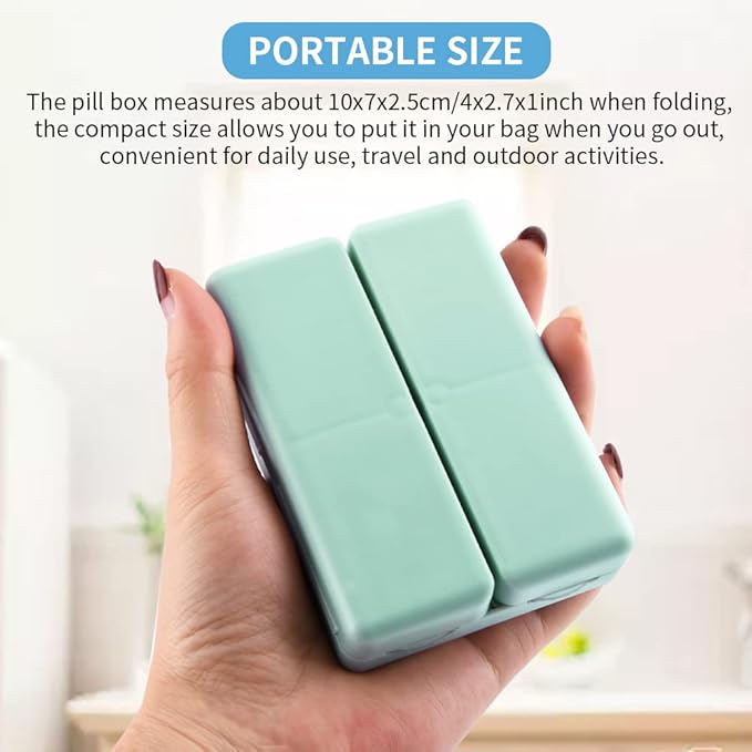 Xiaokeis 2 Pcs Pill Organizer, Travel Pill Organizer, Pocket Pharmacy with 7 Compartments Design, Magnetic Travel Pill Box Pill Dispenser, Portable Medicine Vitamin Holder Container(Blue+Green)