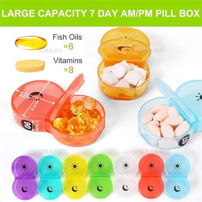 Weekly Pill Organizer Box 2 Times a Day, Pill Box AM PM with 8 Daily Pocket Case, Travel Pill Box with Portable Hard Case, Handy Medicine Box 7 Day Holds Vitamin, Cod Liver Oil & Supplement