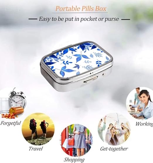 Pill Box,Blue Fall Leaves Custom Personlized Rectangular Pill Case Holder Decorative Box Pocket Purse Travel Pill Vitamin Tablet Medicine Case