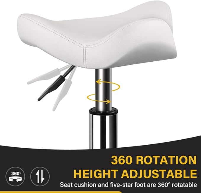 Heavy Duty Rolling Stool with Wheels Hydraulic Swivel Adjustable Rolling Stool Ergonomic Thick Irregular Leather Seat Chair for Kitchen Drafting Lab Office Salon Message Counter – White
