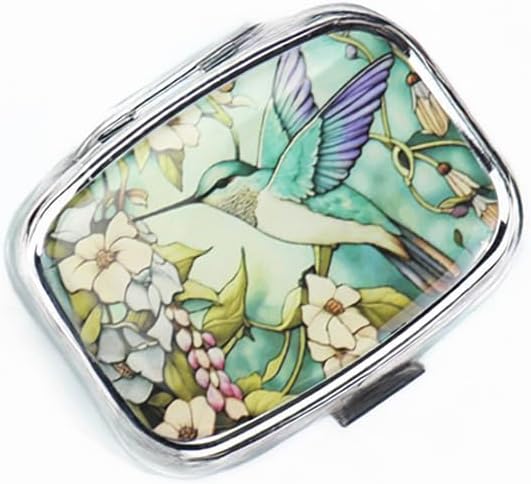 WATASSA Pill Box with Animal Style Mirror All-in-One 2-Compartment Portable Medicine Organizer, Marble Pattern Travel Pill Case for Vitamins&Daily Medication(Fits Pocket/Purse) (Emerald Bird)