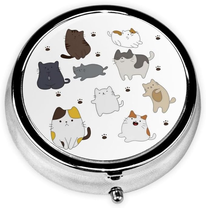 3 Compartment Travel Pill Case, Sealed Portable Pill Container Mini Size Metal Pill Box for Pocket Purse, Three Times a Day Pill Organizer for Children, Men and Women - Kawaii Cat