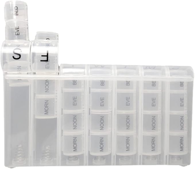 Extra Large Weekly Pill Organizer 4 Times a Day, 7 Day Pill Box, Daily Pill Case with 28 Compartments, Portable Travel Container for Fish Oils, Vitamins, Supplements and Medication (White)